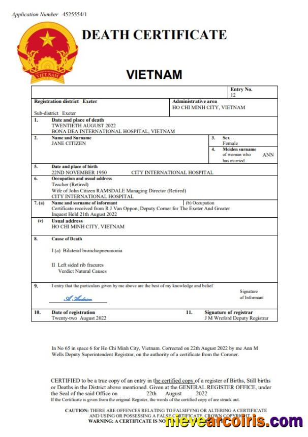 Vietnam vital record death certificate